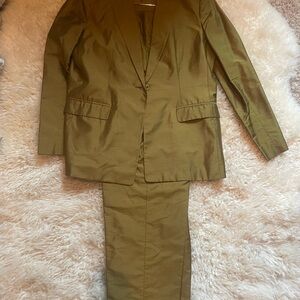 Jones New York Olive Green Raw Silk Shantung 2-Piece Pant Suit - Size 14